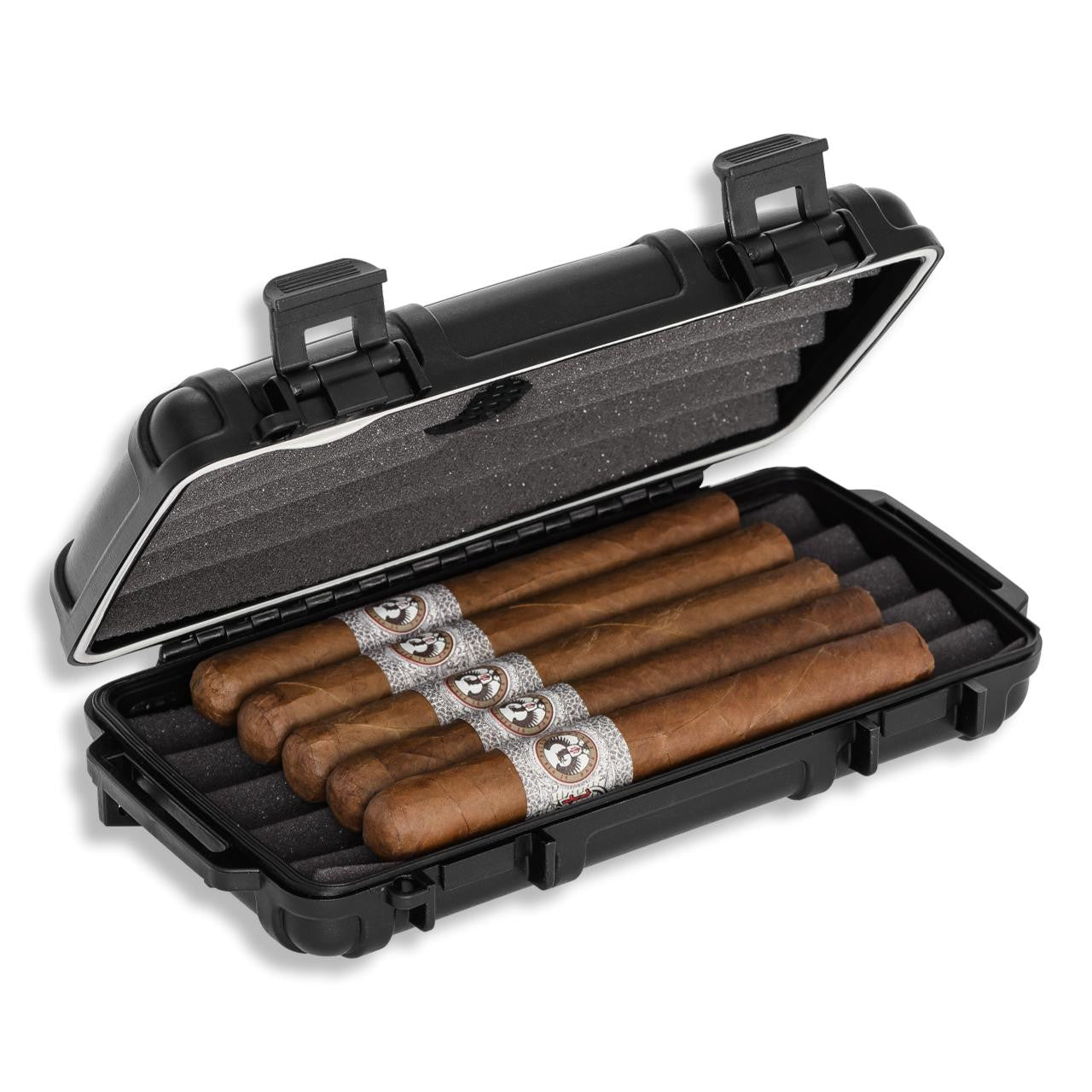Cigar Caddy 5-Cigar Travel Humidors - Black - Right Facing Opened with Cigars