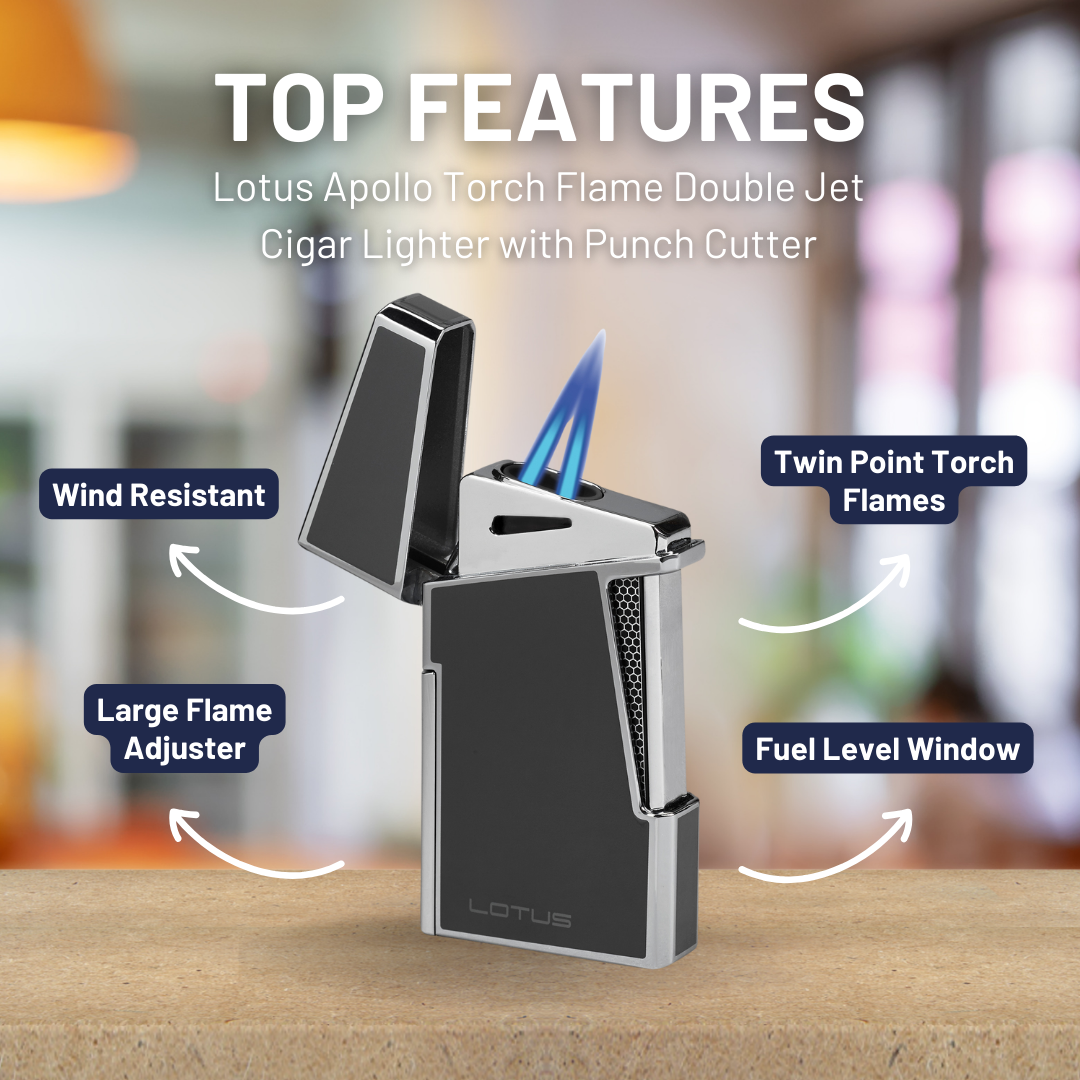 Lotus Apollo Torch Flame Double Jet Cigar Lighter - Black Lacquer & Polished Chrome - Top Features