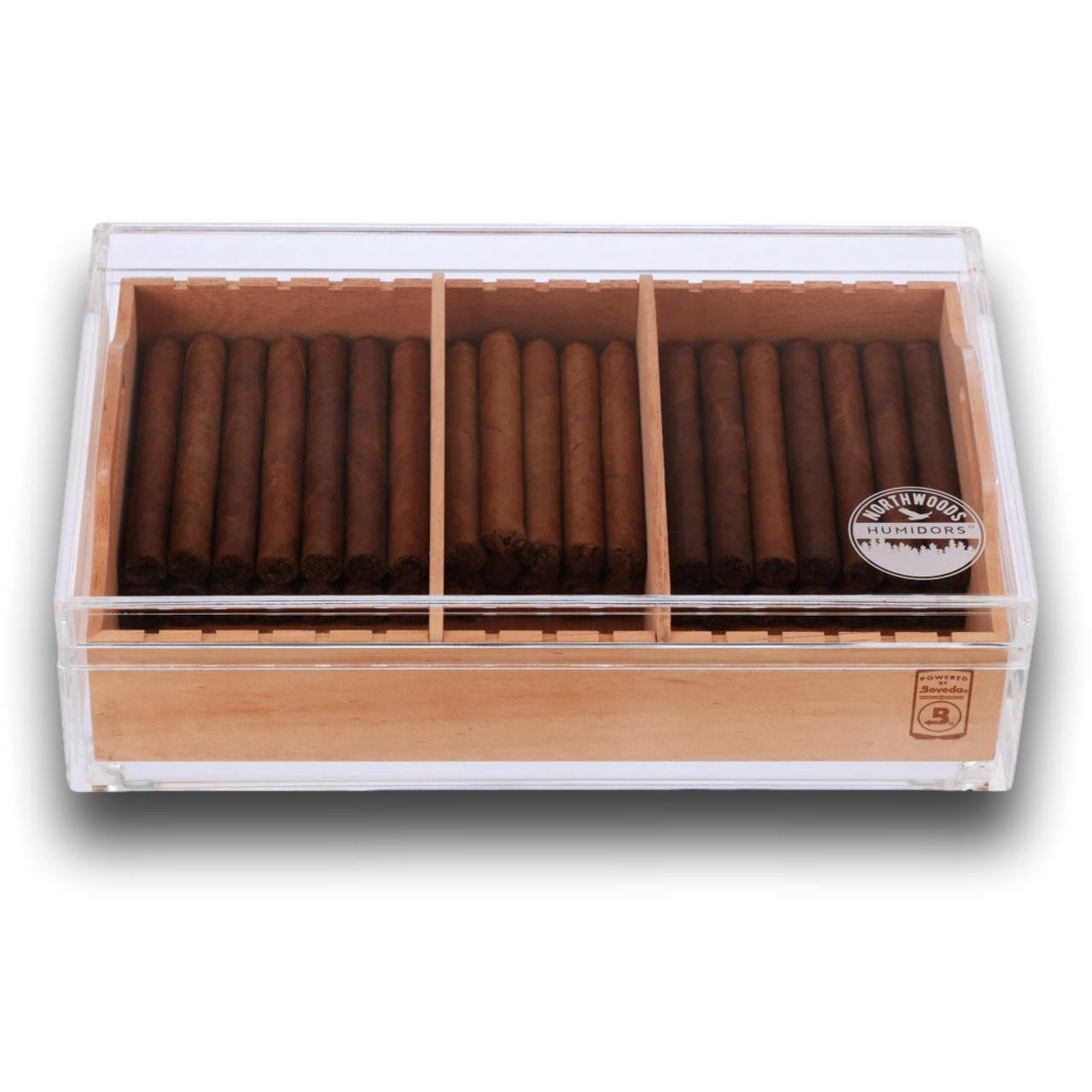 Large Acrylic 75-Cigar Humidor Powered by Boveda - Spanish Cedar Tray filled with Corona-size Cigars