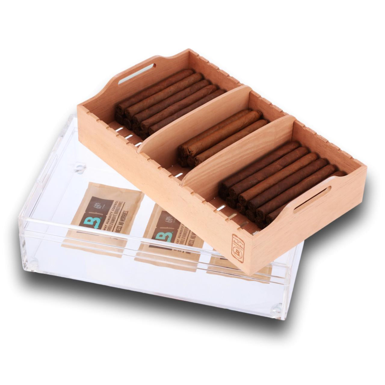 Large Acrylic 75-Cigar Humidor Powered by Boveda - Tray and 69% RH Packs
