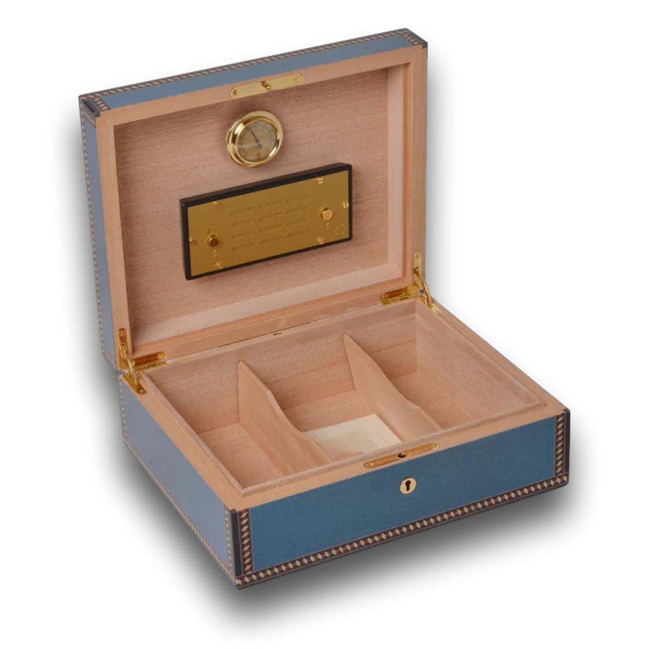 Elie Bleu Medals 75-Cigar Desktop Humidor - Blue - Lid Flipped Open