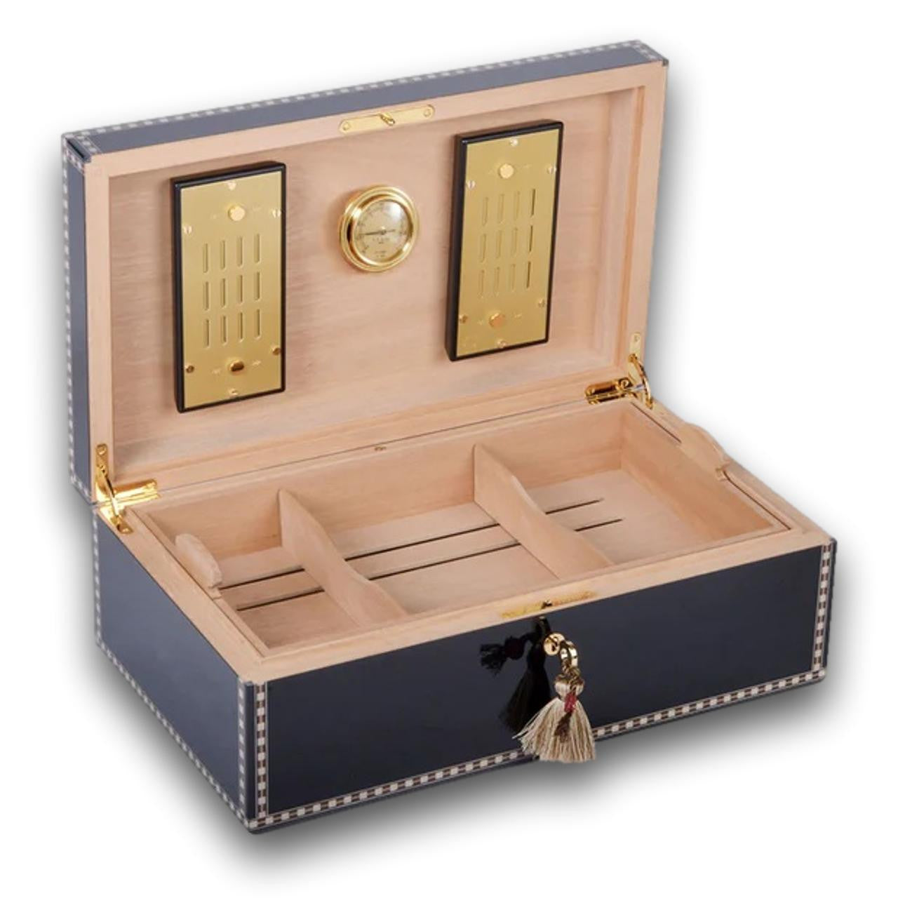 Elie Bleu Medals 120-Cigar Desktop Humidor - Black - Lid Flipped Open