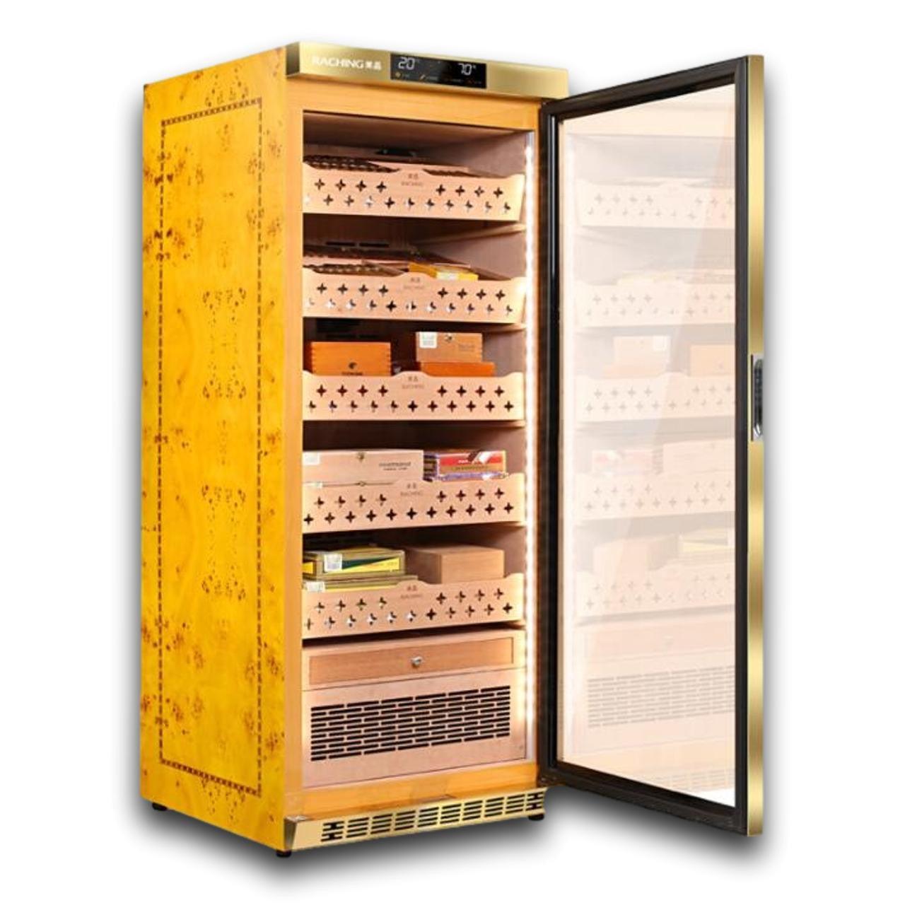 Raching MON1800A Climate Control Gold Burl 1,200-Cigar Electric Humidor - Side View With Door Fully Open