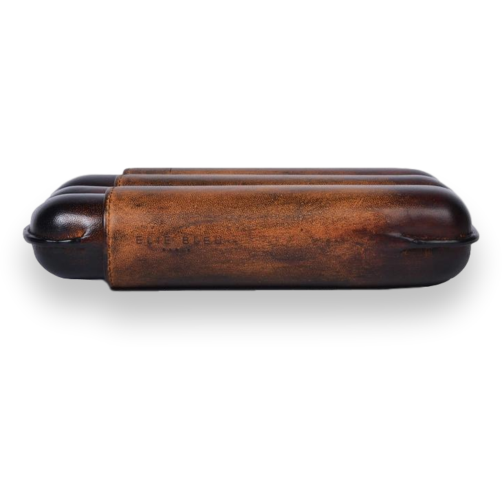 Elie - Bleu - Brown - Havana - Patina - 3 - Cigar - Leather - Case - Up - to - 56 - Ring - Gauge - Exterior - Side
