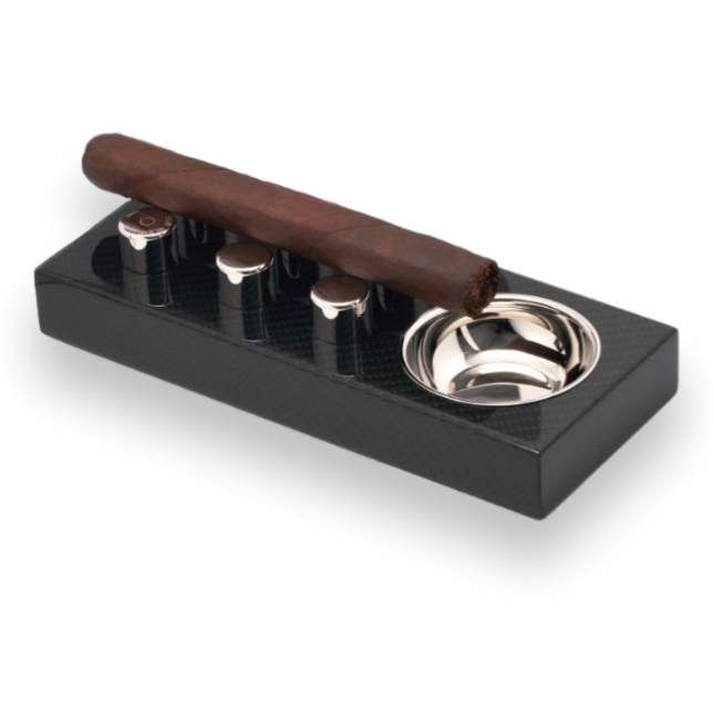 Elie Bleu Carbon Fiber Cigar Ashtray - Classic Collection - Exterior with Cigar
