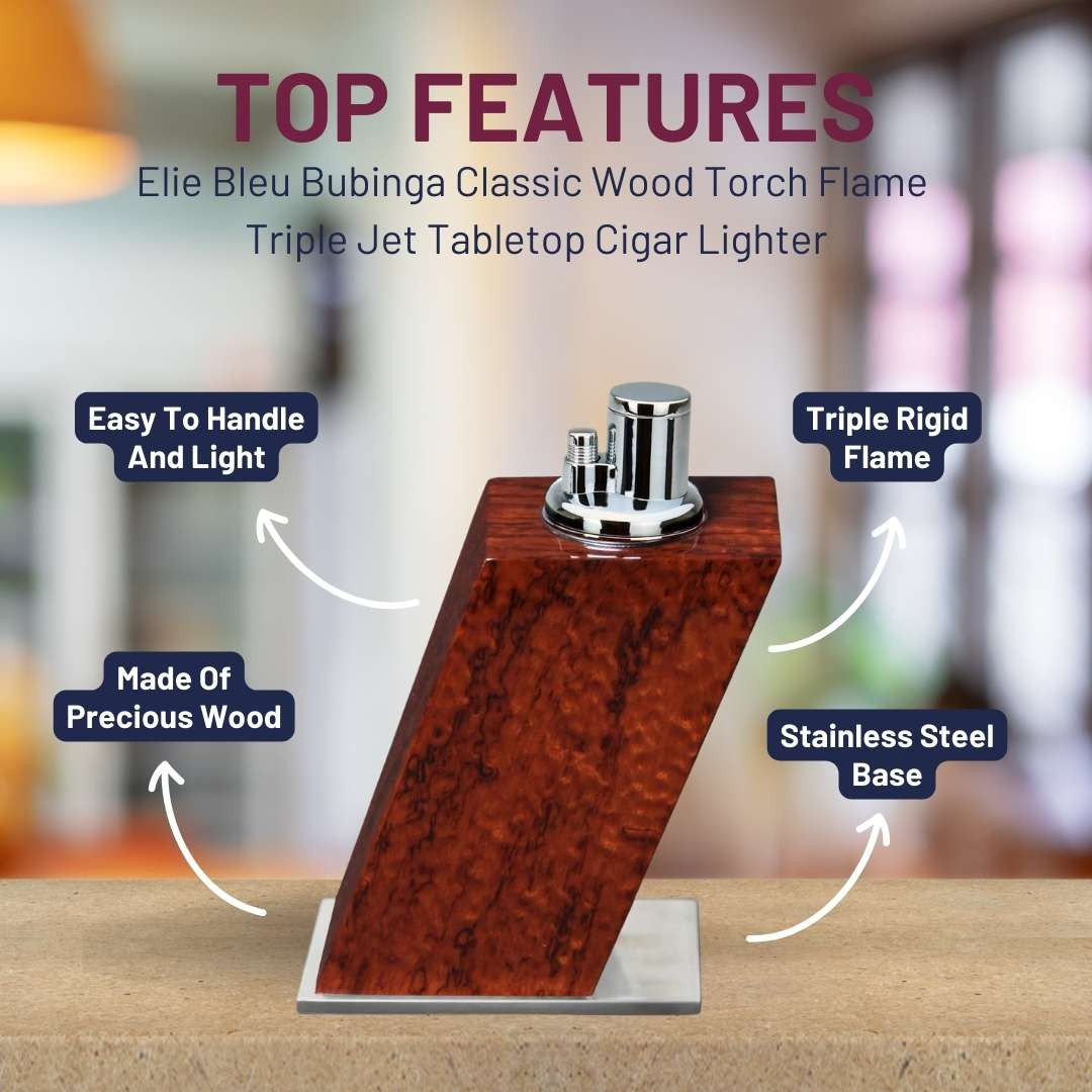 Elie Bleu Bubinga Classic Wood Torch Flame Triple Jet Tabletop Cigar Lighter - Top Features