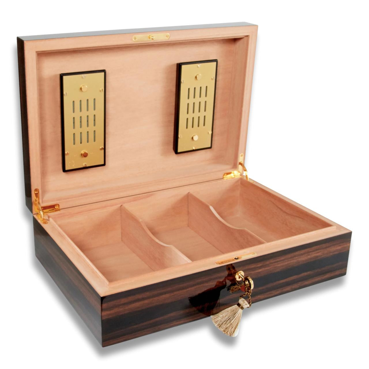 Elie Bleu Macassar Ebony Classic 110-Cigar Desktop Humidor - Lid Flipped Open