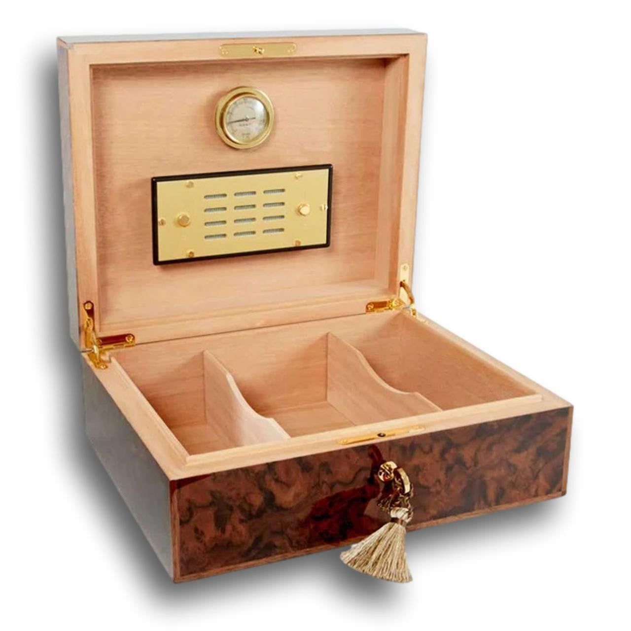 Elie Bleu Classic Wood 50-110-Cigar Desktop Humidor - Walnut Burl - Lid Flipped Open