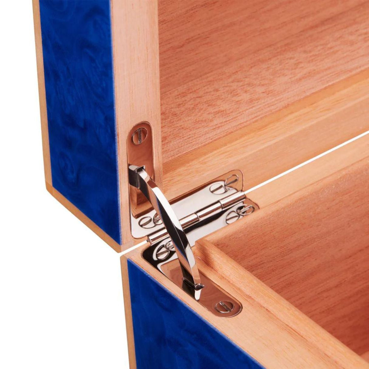 Elie Bleu Classic Wood 75-100-Cigar Desktop Humidor - Blue Madrona Burl - Hinge Details
