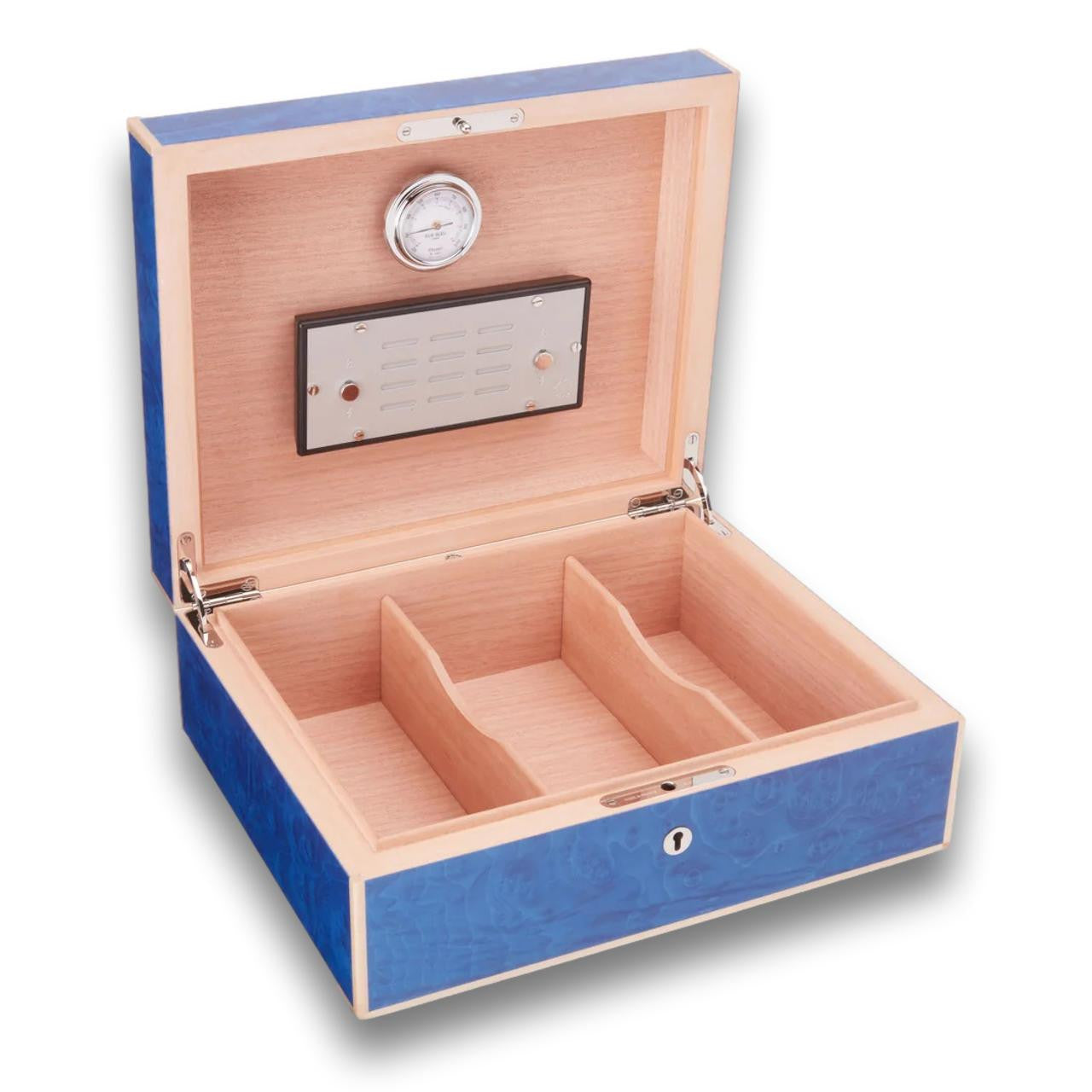 Elie Bleu Classic Wood 75-100-Cigar Desktop Humidor - Blue Madrona Burl - Lid Flipped Open