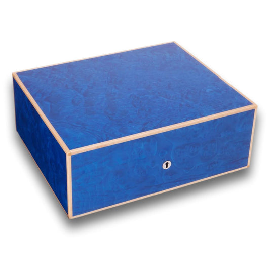 Elie Bleu Classic Wood 75-100-Cigar Desktop Humidor - Blue Madrona Burl - Main Image - Right Facing