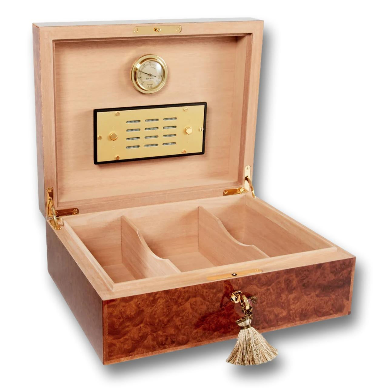 Elie Bleu Classic Wood Cigar Desktop Humidor - Amboyna Burl -Lid Flipped Open