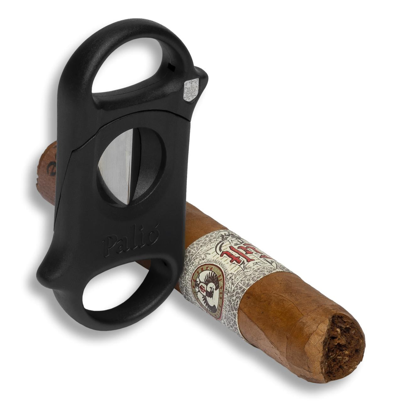 Palio Deep V-Cut Cigar Cutters - Black - Right Facing with Cigar
