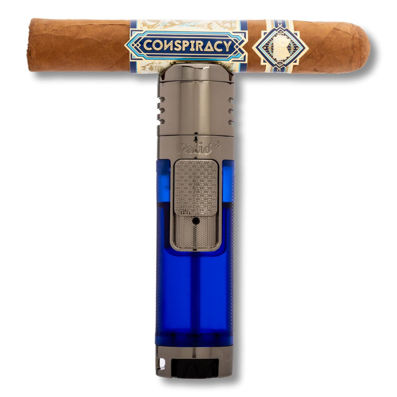 Palio Veneto Torch Flame Quad Jet Cigar Lighters - Blue - Front Side with Cigar
