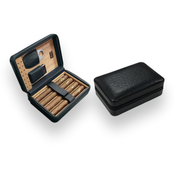 Prestige Manhattan Leather 4-Finger Travel Cigar Case - with on Board Accessories - Black - Exterior Interior Front