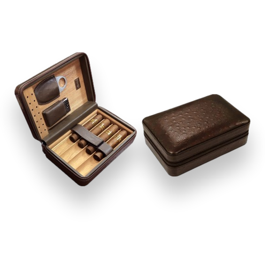 Prestige Manhattan Leather 4-Finger Travel Cigar Case - with on Board Accessories - Brown - Exterior Interior Front