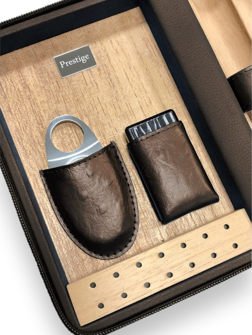 Prestige Manhattan Leather 4-Finger Travel Cigar Case - with on Board Accessories - Brown - Interior Front