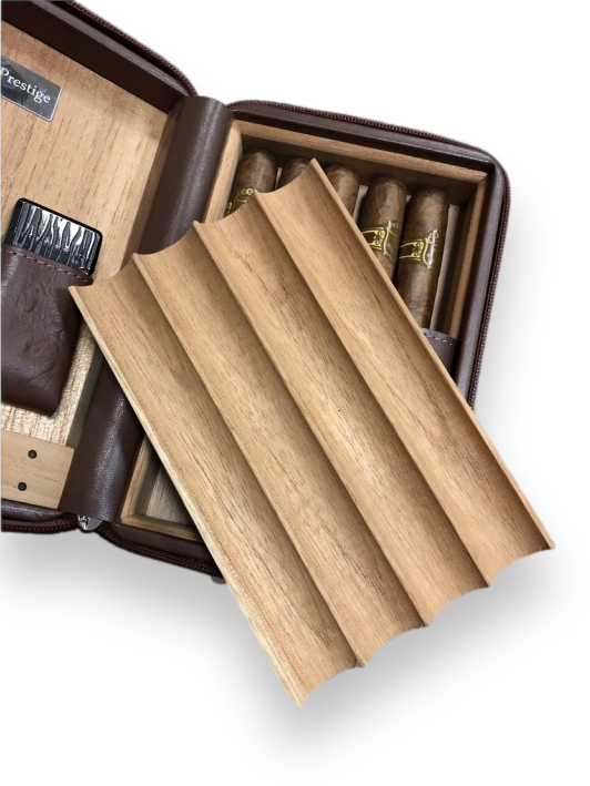 Prestige Manhattan Leather 4-Finger Travel Cigar Case - with on Board Accessories - Brown - Interior Tray