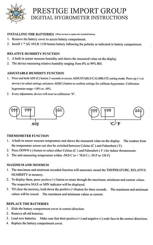Prestige Watch Style Digital Hygrometer - Silver - Instruction Manual