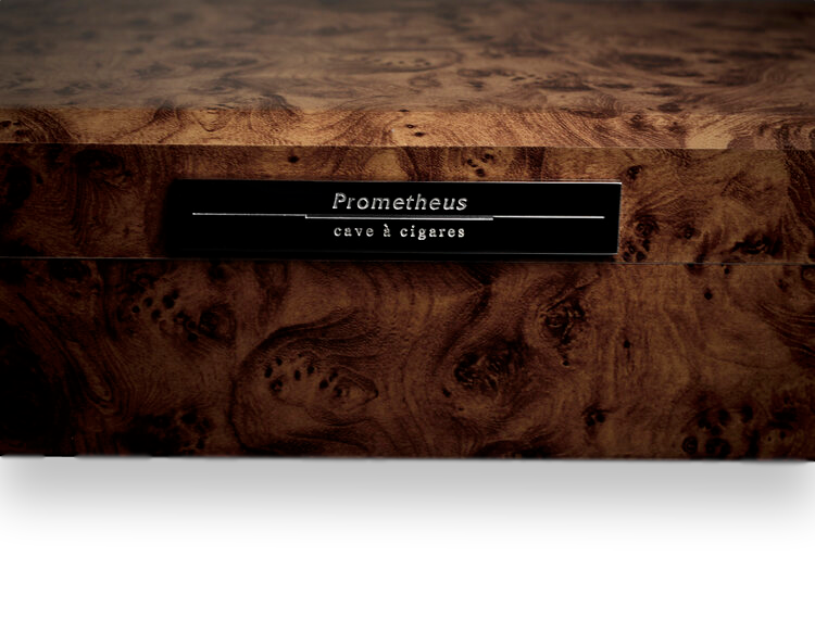 Prometheus Walnut Burl 50-Cigar Desktop Humidor - Octagon Series - Exterior Front