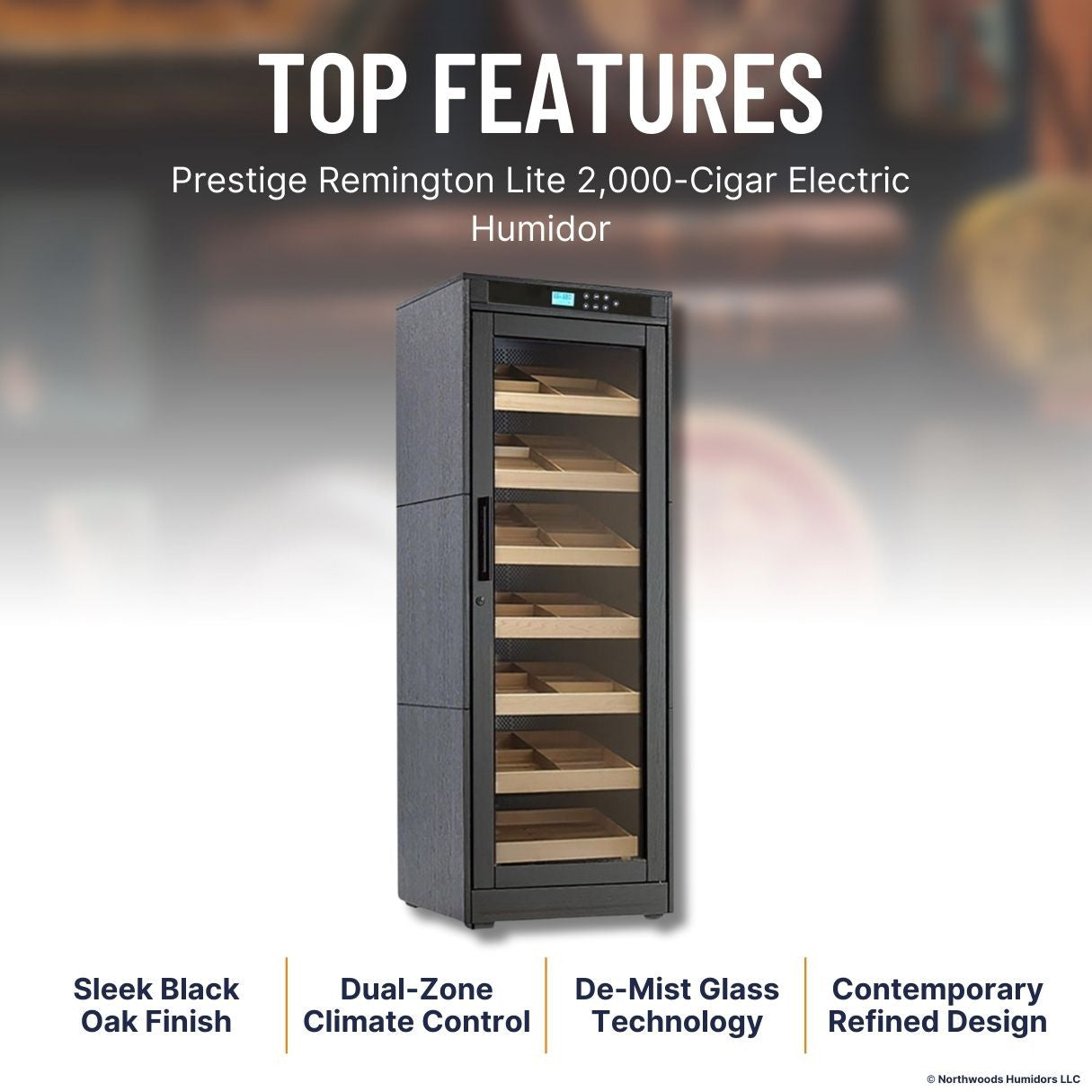 Prestige Remington Lite 2,000-Cigar Electric Humidor - Top Features