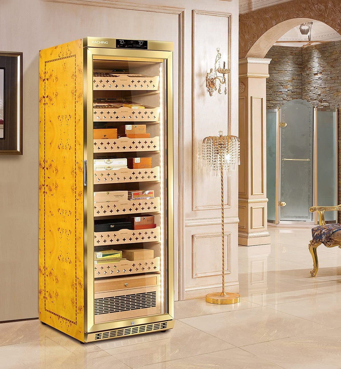 Raching MON3800A Climate Control Gold Burl 1,800-Cigar Electric Humidor - In Home