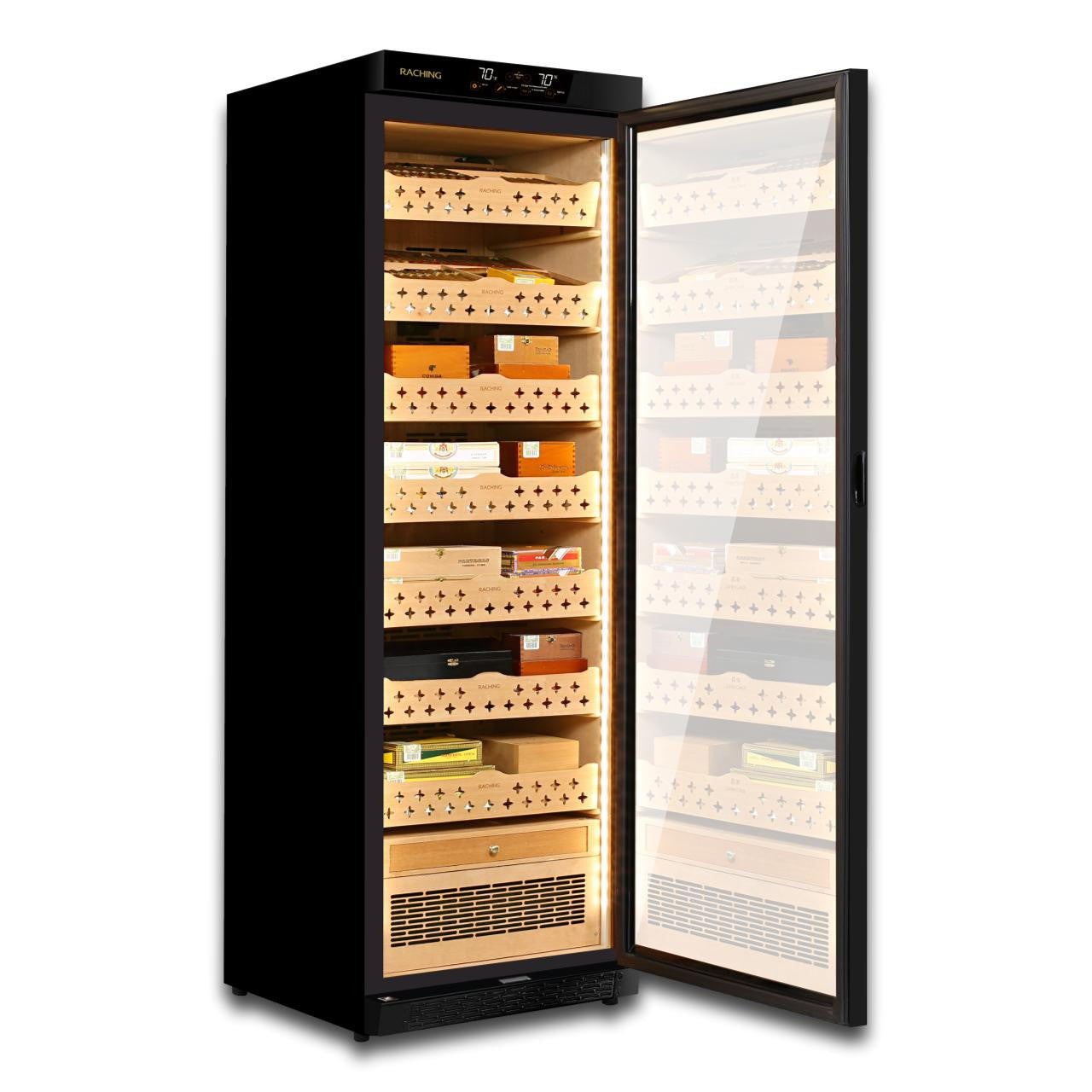 Raching MON3800A Climate Control Black Wood 1,800-Cigar Electric Humidor - Side View with Door Fully Open