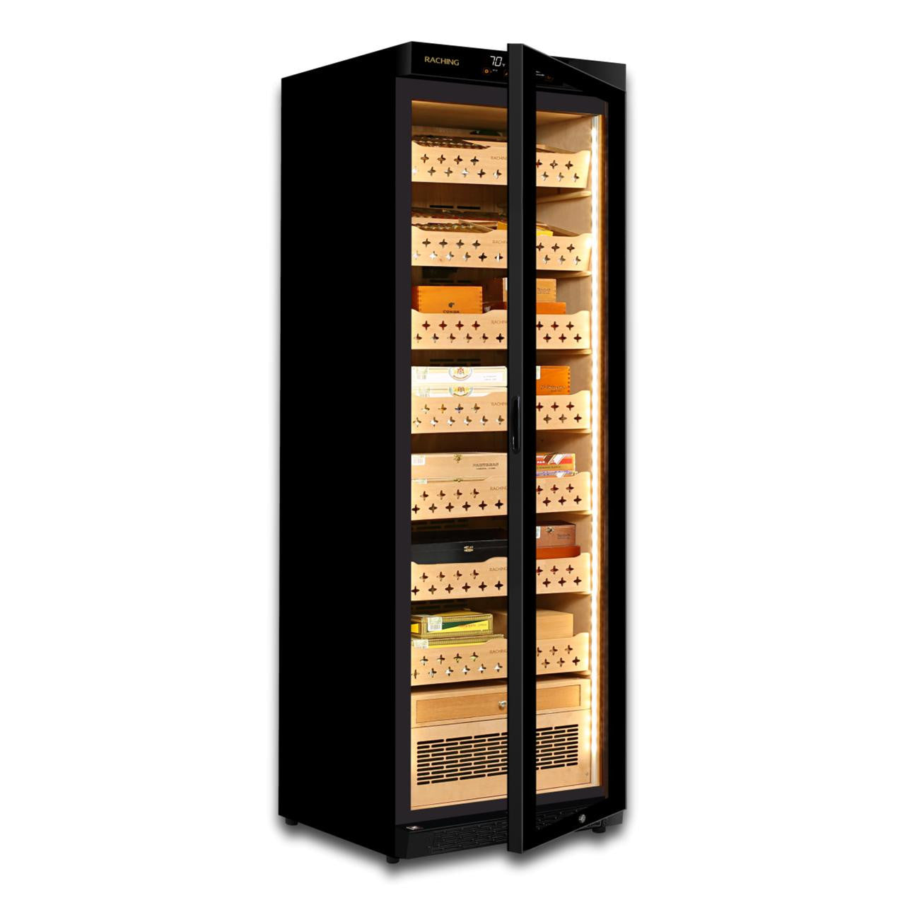 Raching MON3800A Climate Control Black Wood 1,800-Cigar Electric Humidor - Side View with Door Partially Open