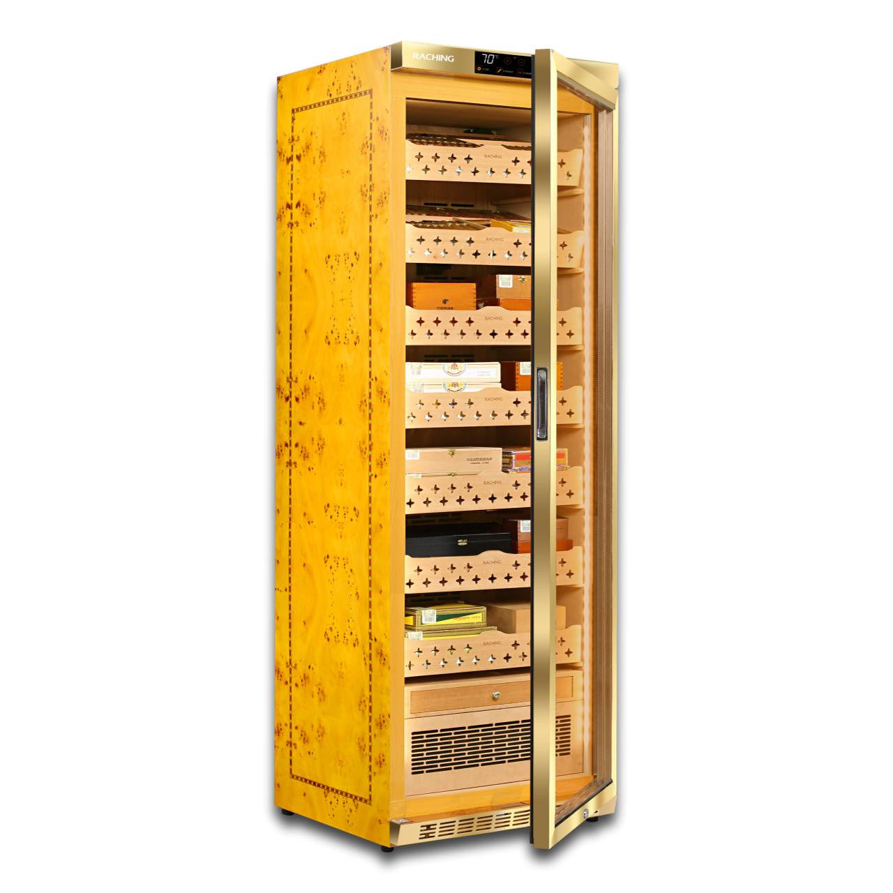 Raching MON3800A Climate Control Gold Burl 1,800-Cigar Electric Humidor - Door Partially Open Side View