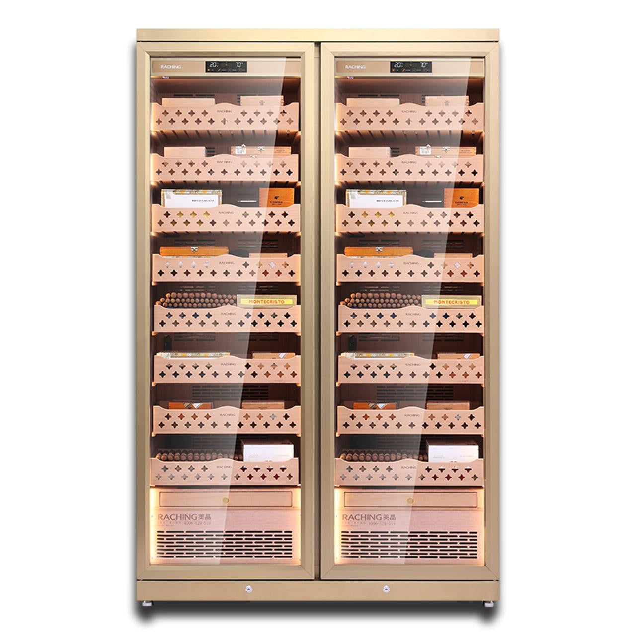 Raching CD1200 Climate Control Stainless Steel Double Door 3,200-Cigar Electric Humidor - Champaign Gold - Front