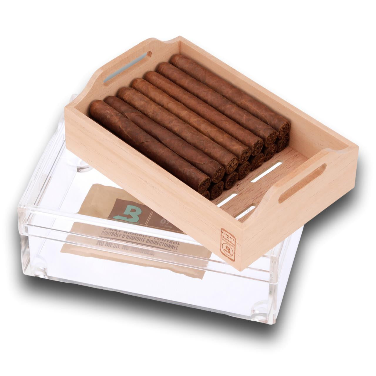 Small Acrylic 20-Cigar Humidor Powered by Boveda - Interior Tray with Cigars