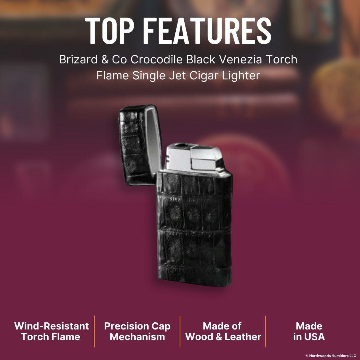 Brizard & Co Crocodile Black Venezia Torch Flame Single Jet Cigar Lighter - Top Features