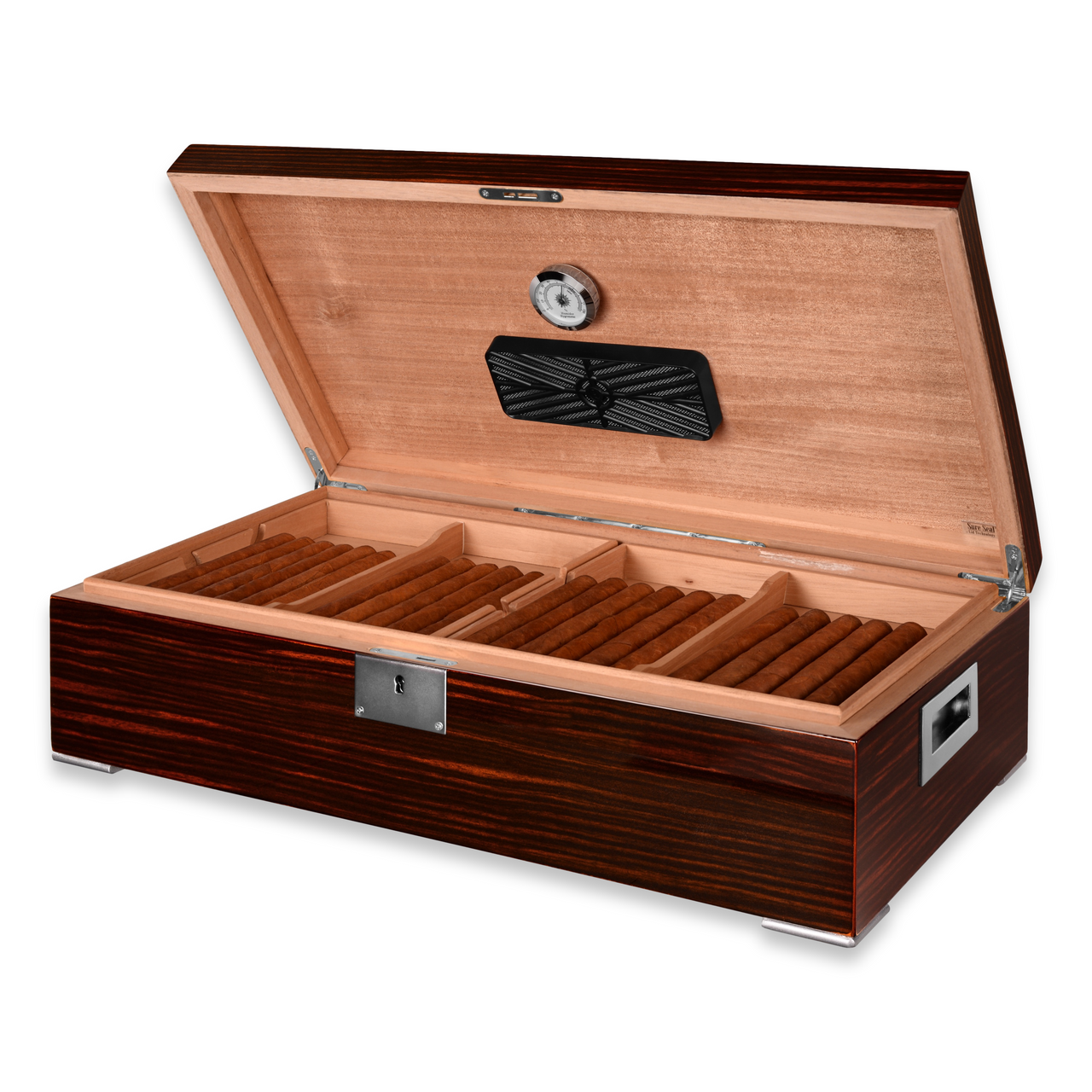 Humidor Supreme Valentino High Lacquer 250-Cigar Desktop Humidor - Quarter Turn Open Lid with Cigars