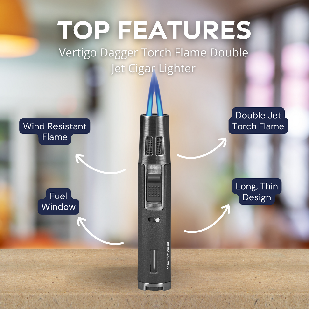 Vertigo Dagger Torch Flame Double Jet Cigar Lighter - Black and Gunmetal - Top Features
