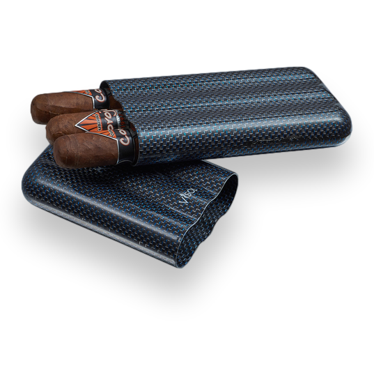 Visol Blue Kevlar and Carbon Fiber 3-Finger Cigar Case  - Interior Front with Cigars