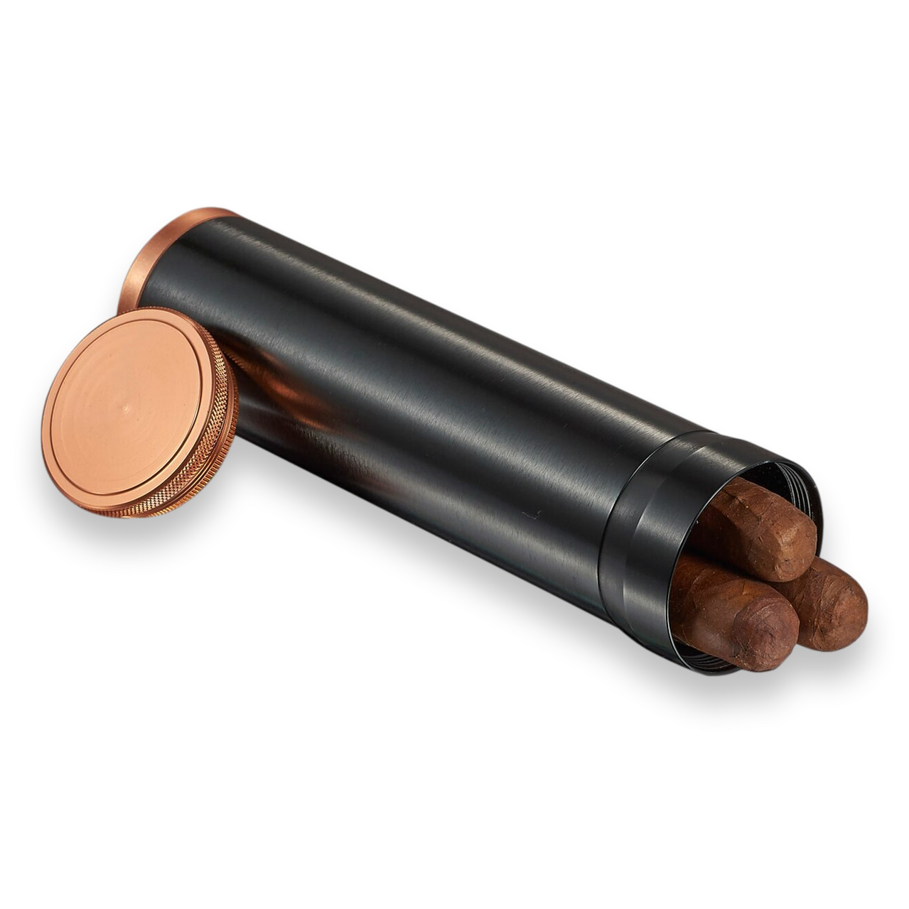 Visol Carlos Jr. 3-4 Cigar Travel Humidor - Black with Copper Trim - Interior with Cigars