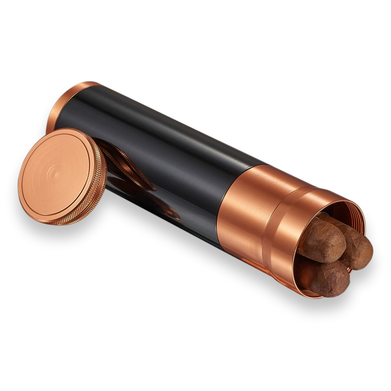 Visol Carlos Jr. 3-4 Cigar Travel Humidor - Polished Black with Copper Top - Interior with Cigars
