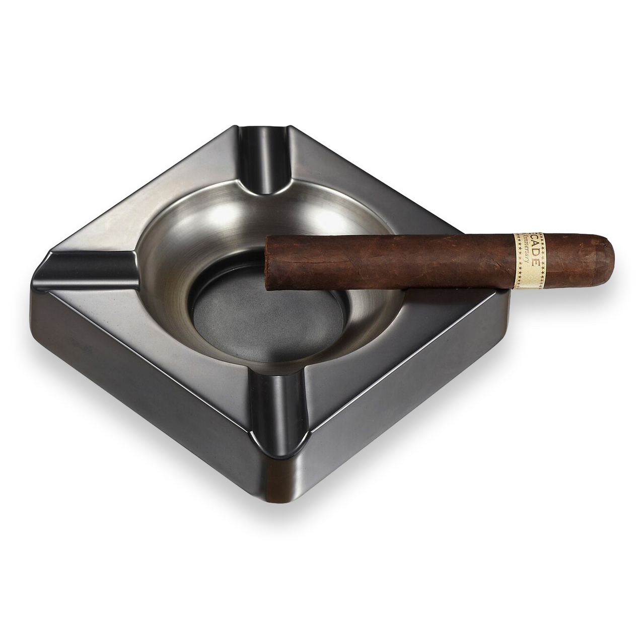 Visol Heavyweight Metal 4-Cigar Ashtray - Gunmetal - Exterior Front with Cigar