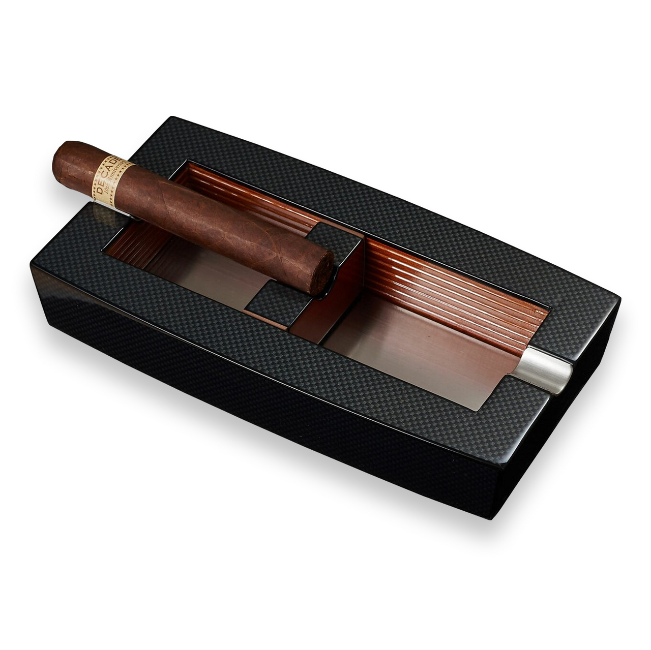 Visol Normandy Elongated Carbon Fiber 2-Cigar Ashtray - with Adjustable Cigar Rests - Exterior Front with Cigar