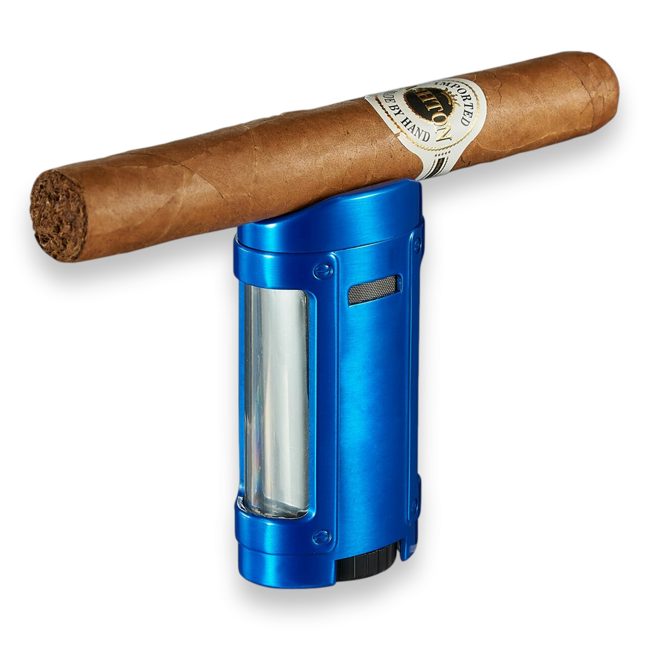 Visol Rhino Torch Flame Quad Jet Cigar Lighter - Brushed Blue - Exterior Front with Cigar Rest
