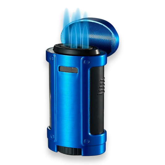Visol Rhino Torch Flame Quad Jet Cigar Lighter - Brushed Blue - Exterior Front with Flame