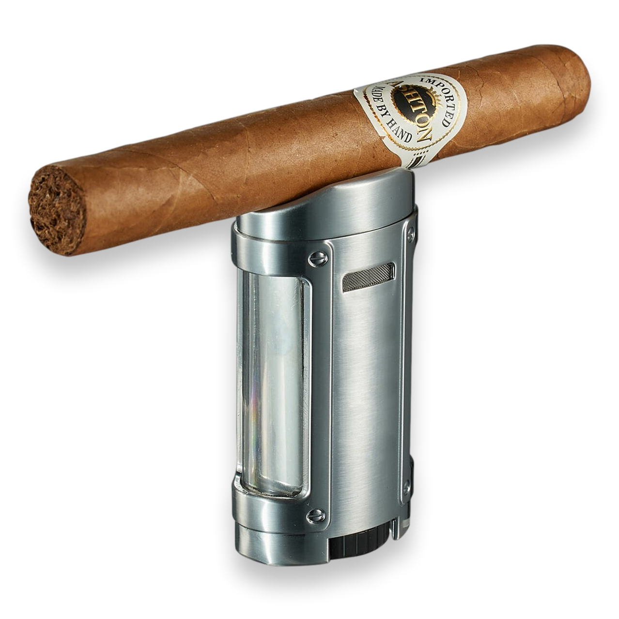 Visol Rhino Torch Flame Quad Jet Cigar Lighter - Brushed Chrome - Exterior Front with Cigar Rest