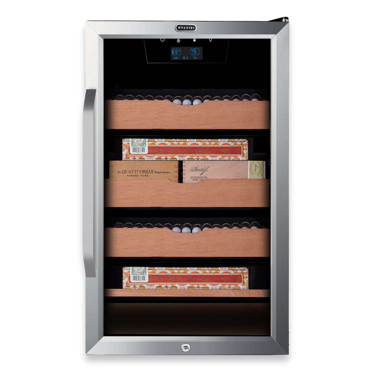 Whynter CHC-421HC Elite Touch Control Stainless 400-Cigar Cooler Humidor 4.2 cu. ft.  - Exterior Front with Cigars