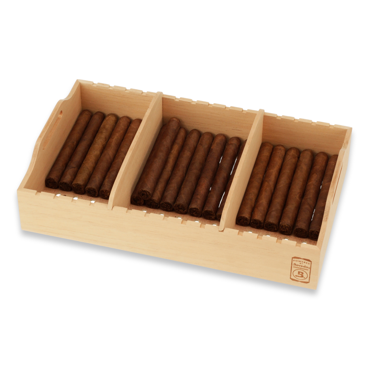 Wood Tray for Boveda Large Acrylic 75-Cigar Humidor - Exterior Diagonal with Cigars