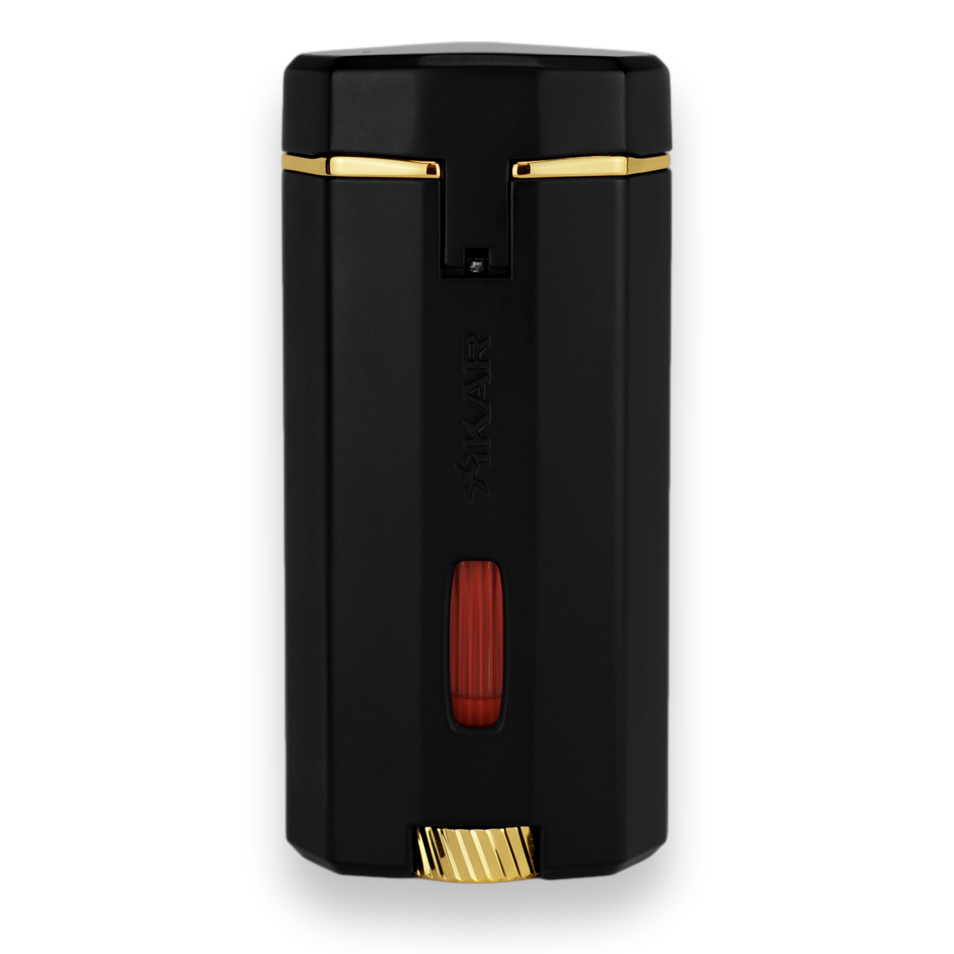 Xikar Meridian Triple Soft Flame Cigar Lighter - Black and Gold - Exterior Back Fuel Window