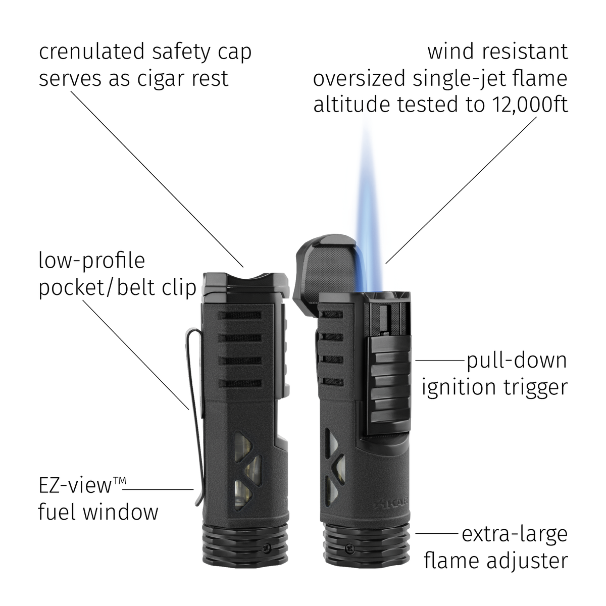 Xikar Tactical 1 Torch Flame Single Jet Cigar Lighter - Flat Dark Earth  - Top Features