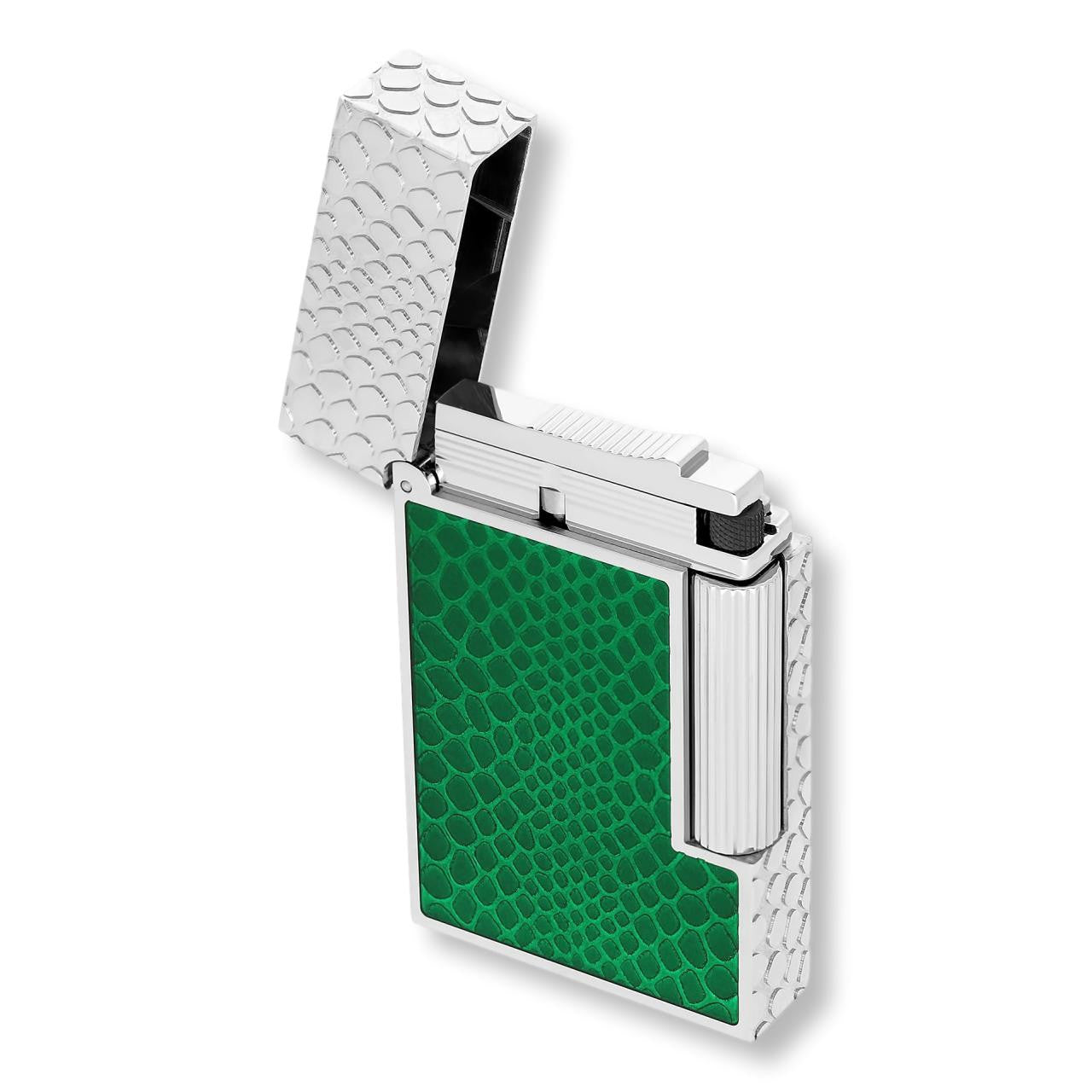 S.T. Dupont Green Snake Skin Line 2 Double Soft Flame Cigar Lighter - Lid Flipped Open