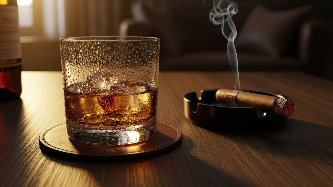 A glass of whiskey and cigar on a table