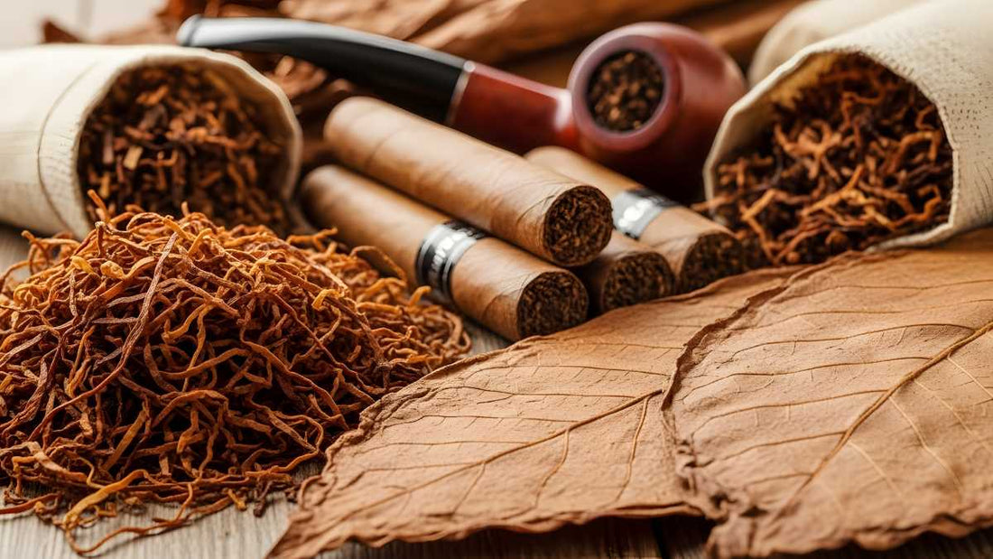 Close-up of dried tobacco leaves, loose tobacco, rolled cigars, and smoking pipe on wooden surface