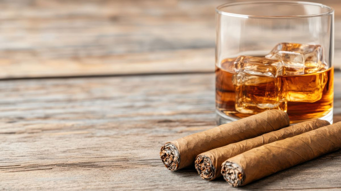 A glass of whiskey and two cigars on a wooden table